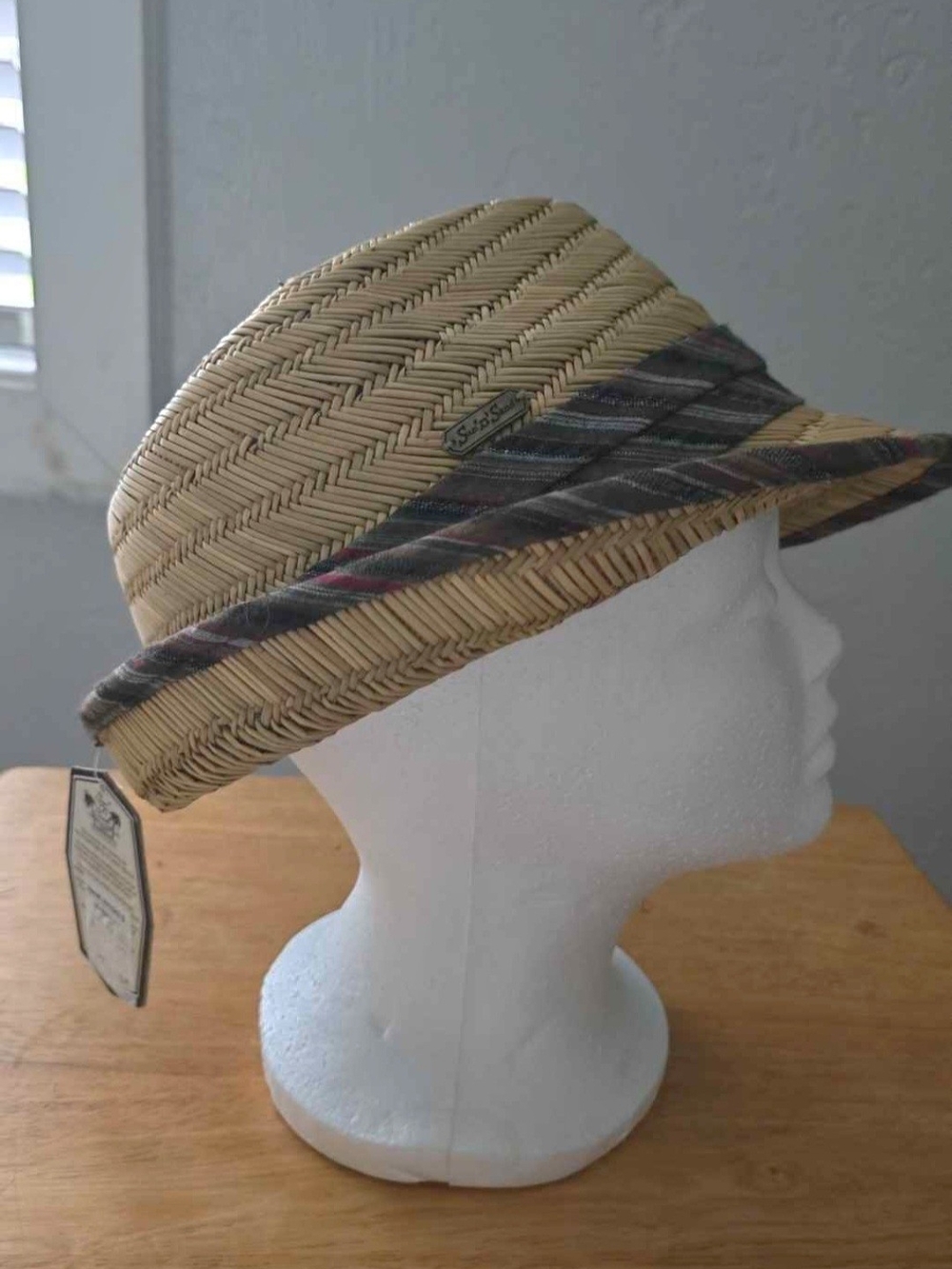 Sun & Sand Natural Straw Fedora Hat with Plaid Band